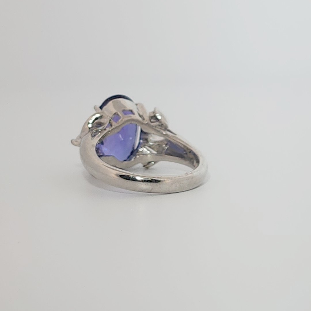 Modified Brilliant Cut, Oval Shape, Bluish Violet Tanzanite (4.38CT, 12.77 x 8.29 x 5.57 mm), Mounted at Platinum 900 Ring with Natural Diamonds (0.60 CTW, E/F-VS). GIA Certified (5232466621). Size 5.75