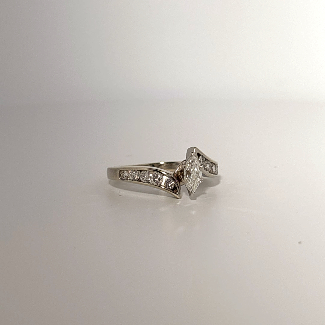 Natural Diamonds (0.89 CTW) Center Marquise (0.39 CT), Size 8, 14K White Gold