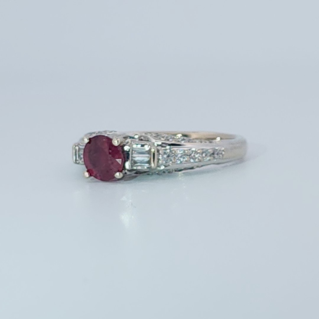 Brilliant Diamond Cut, Round Shape, Madagascar Ruby(0.55CT, 5.5mm), Mounted at 14K White Gold Ring with Natural Diamonds (0.50 CTW). Size 6.75