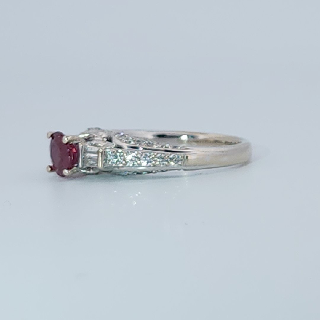 Brilliant Diamond Cut, Round Shape, Madagascar Ruby(0.55CT, 5.5mm), Mounted at 14K White Gold Ring with Natural Diamonds (0.50 CTW). Size 6.75