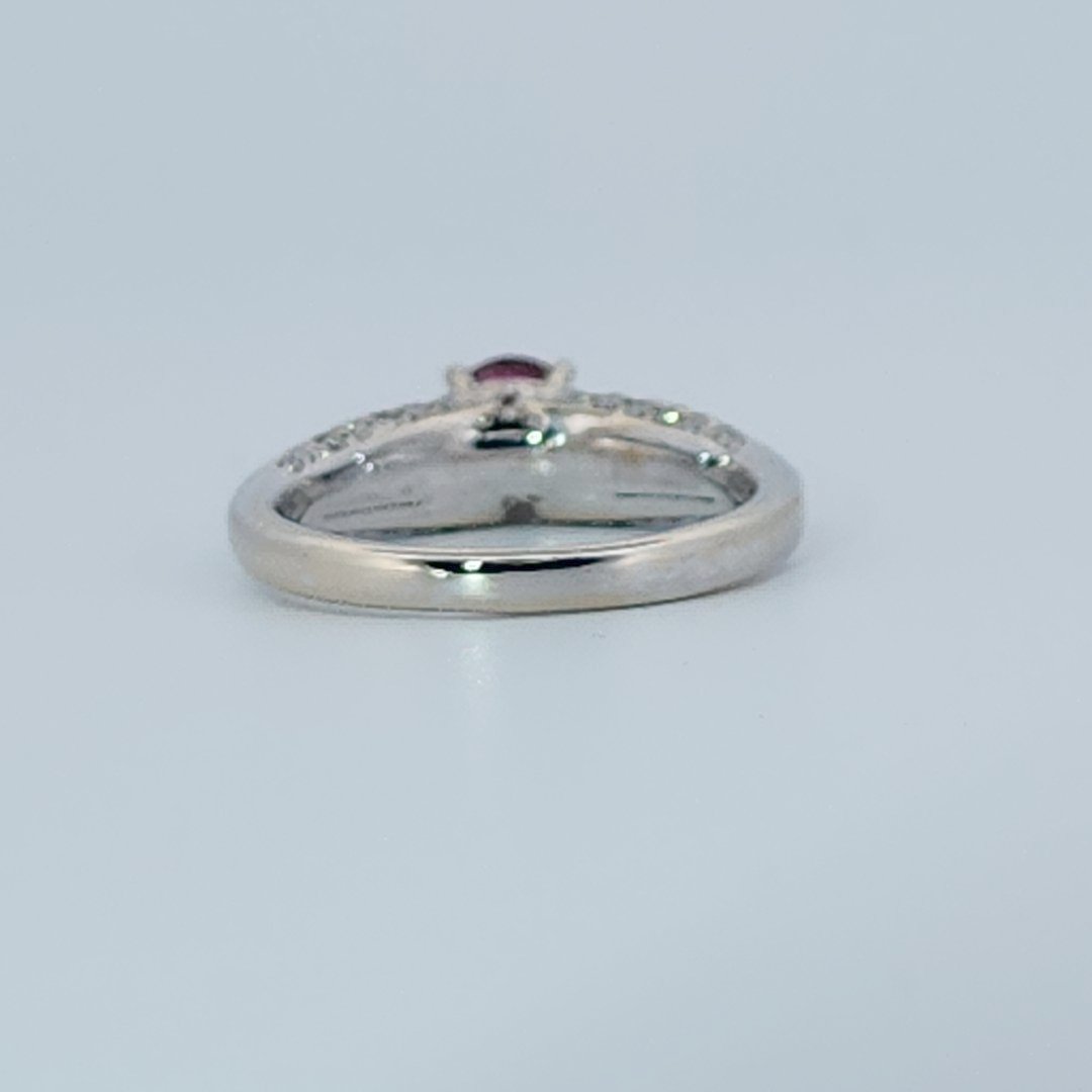 Brilliant Diamond Cut, Round Shape, Madagascar Ruby(0.55CT, 5.5mm), Mounted at 14K White Gold Ring with Natural Diamonds (0.50 CTW). Size 6.75