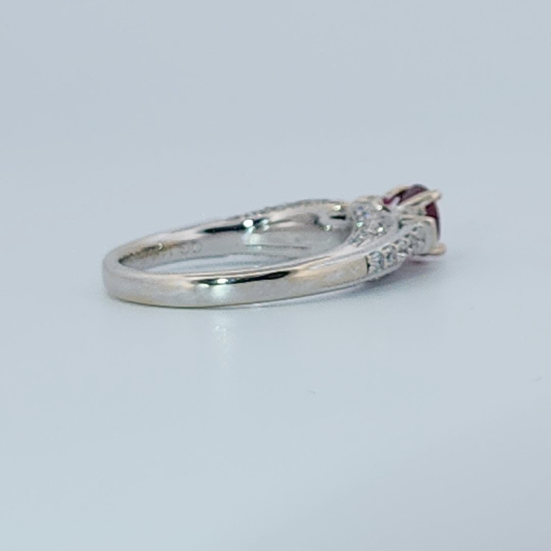 Brilliant Diamond Cut, Round Shape, Madagascar Ruby(0.55CT, 5.5mm), Mounted at 14K White Gold Ring with Natural Diamonds (0.50 CTW). Size 6.75
