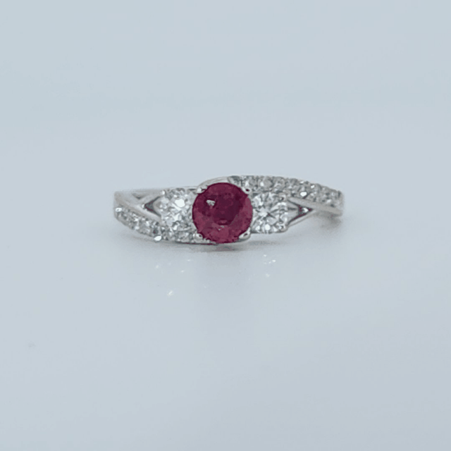 Brilliant Diamond Cut, Round Shape, Madagascar Ruby(0.35CT, 5mm), Mounted at 14K White Gold Ring with Natural Diamonds (0.60 CTW). Size 7