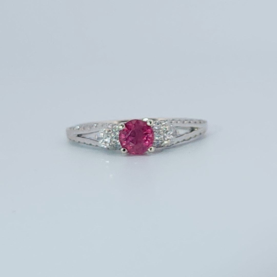 Brilliant Diamond Cut, Round Shape, Madagascar Ruby(0.35CT, 5mm), Mounted at 14K White Gold Ring with Natural Diamonds (0.50 CTW). Size 7.25
