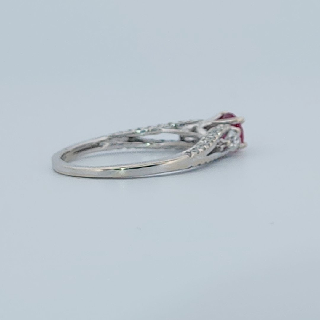 Brilliant Diamond Cut, Round Shape, Madagascar Ruby(0.35CT, 5mm), Mounted at 14K White Gold Ring with Natural Diamonds (0.50 CTW). Size 7.25