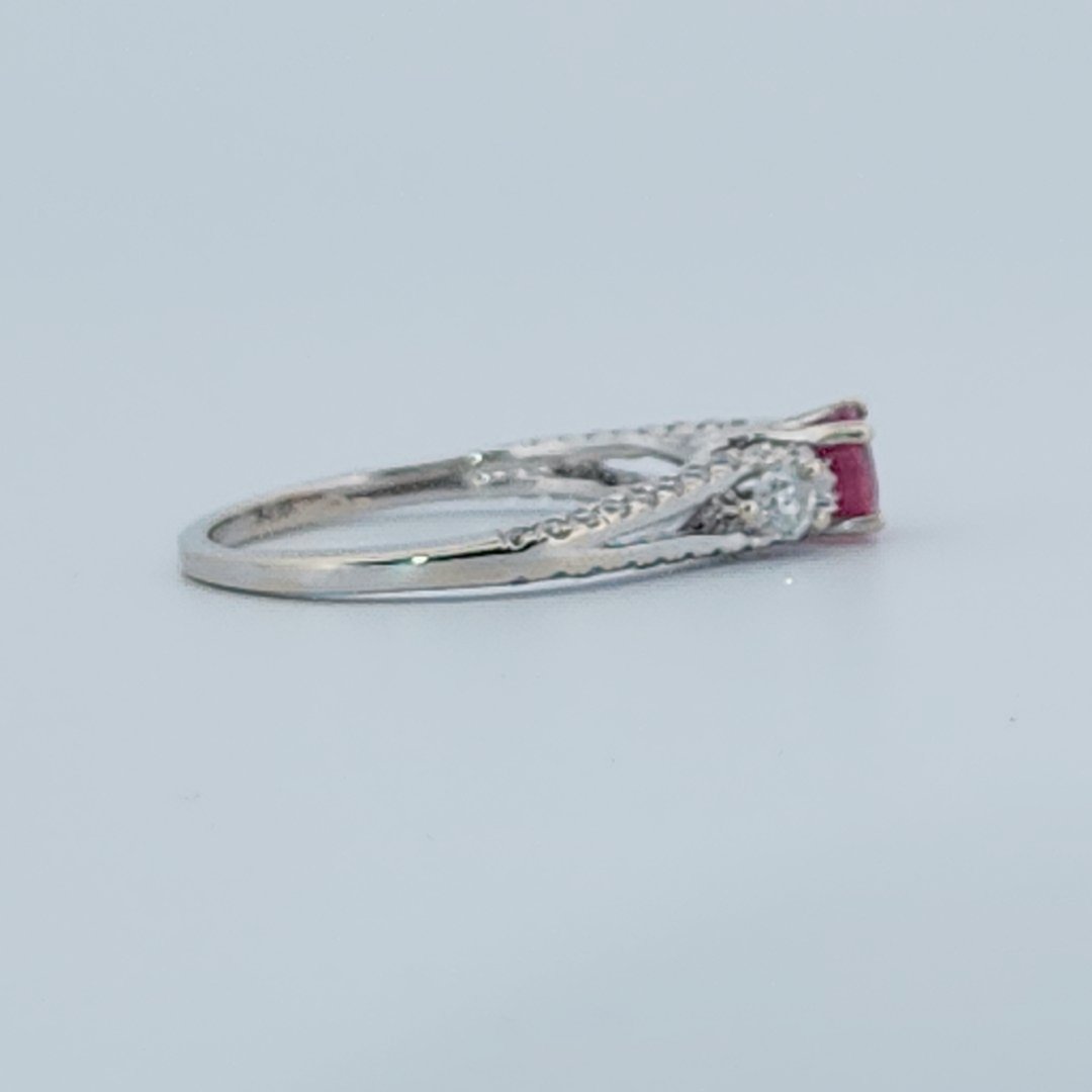 Brilliant Diamond Cut, Round Shape, Madagascar Ruby(0.35CT, 5mm), Mounted at 14K White Gold Ring with Natural Diamonds (0.50 CTW). Size 7.25