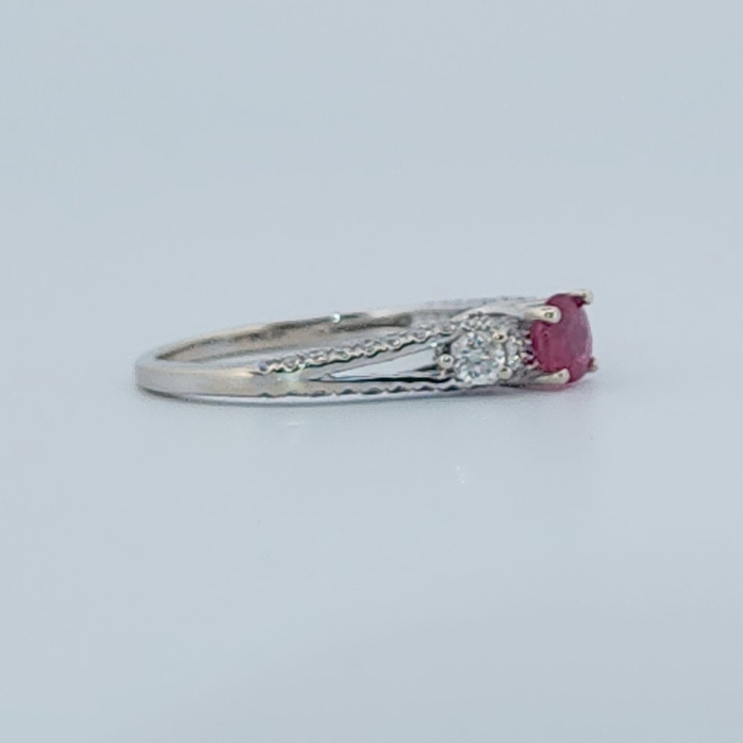 Brilliant Diamond Cut, Round Shape, Madagascar Ruby(0.35CT, 5mm), Mounted at 14K White Gold Ring with Natural Diamonds (0.50 CTW). Size 7.25