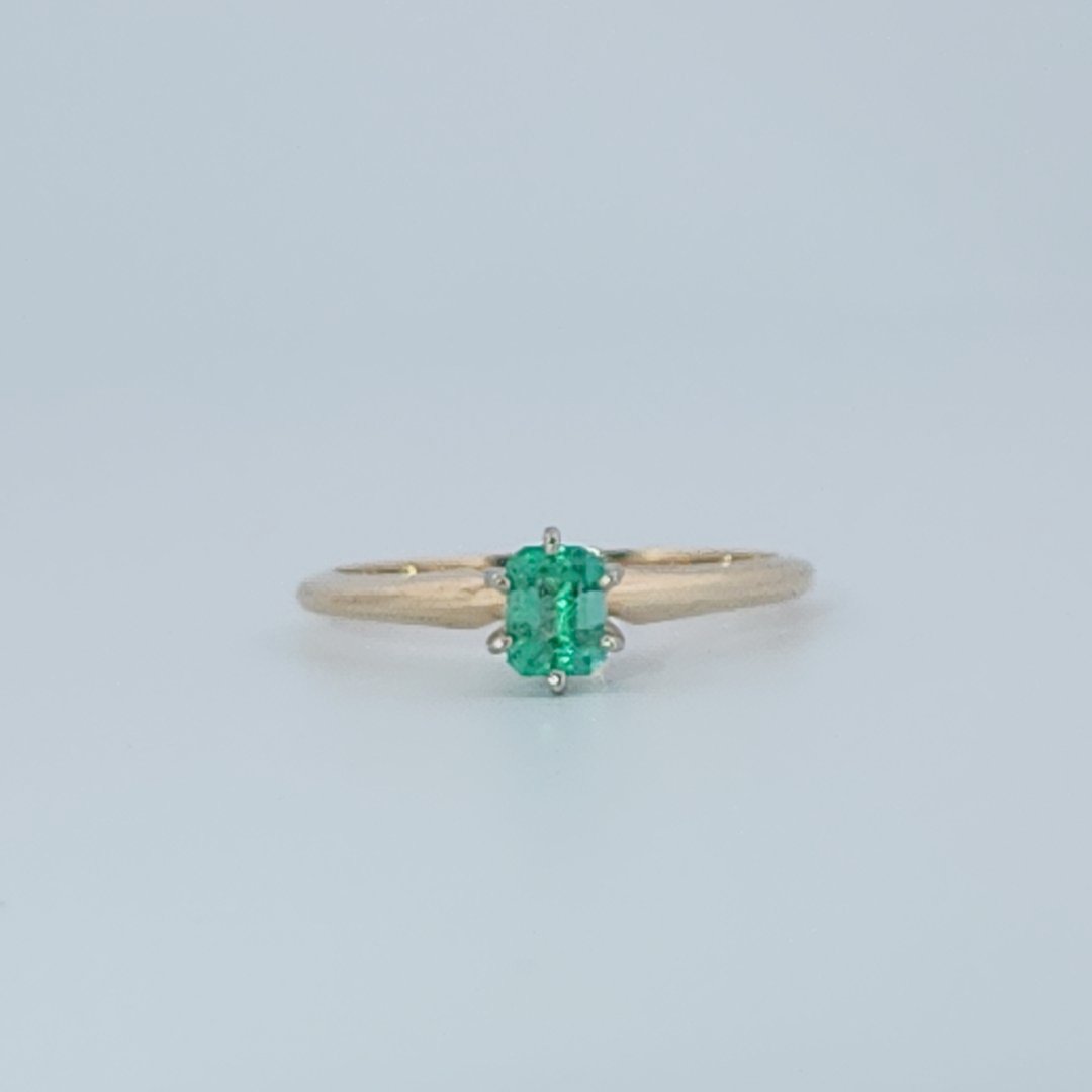 Step Emerald Cut,  Natural Columbian Emerald(0.30CT, 4.65x3.55mm), Mounted on 14K White Gold Prongs and 14K Yellow Gold Shank. Size 6