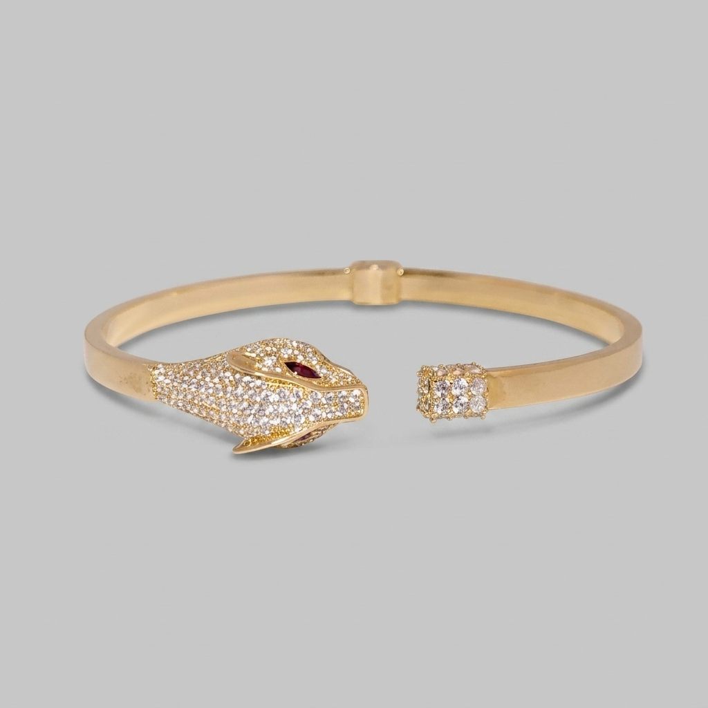 Serpent Style Bracelet with Solid Gold and Cubic Zirconia Stones, 14K Yellow Gold
