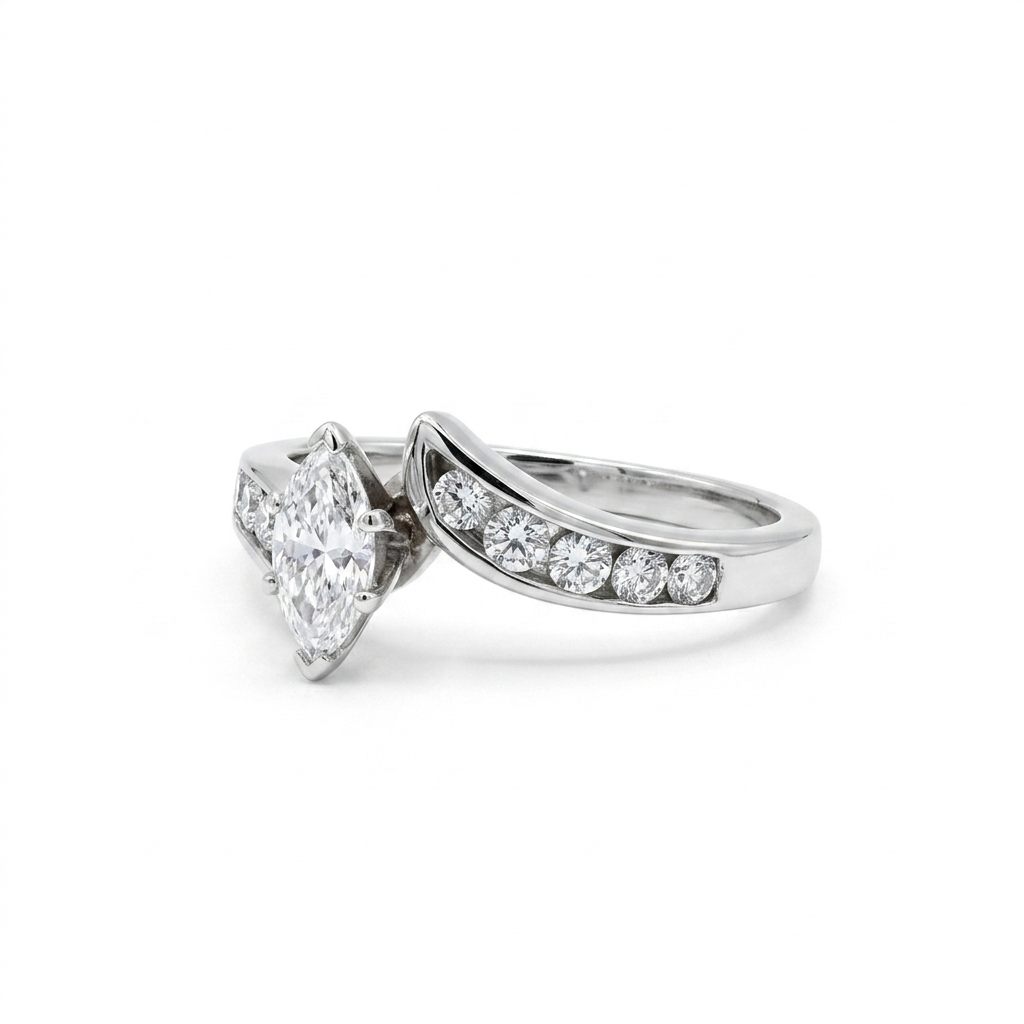 Natural Diamonds (0.89 CTW) Center Marquise (0.39 CT), Size 8, 14K White Gold