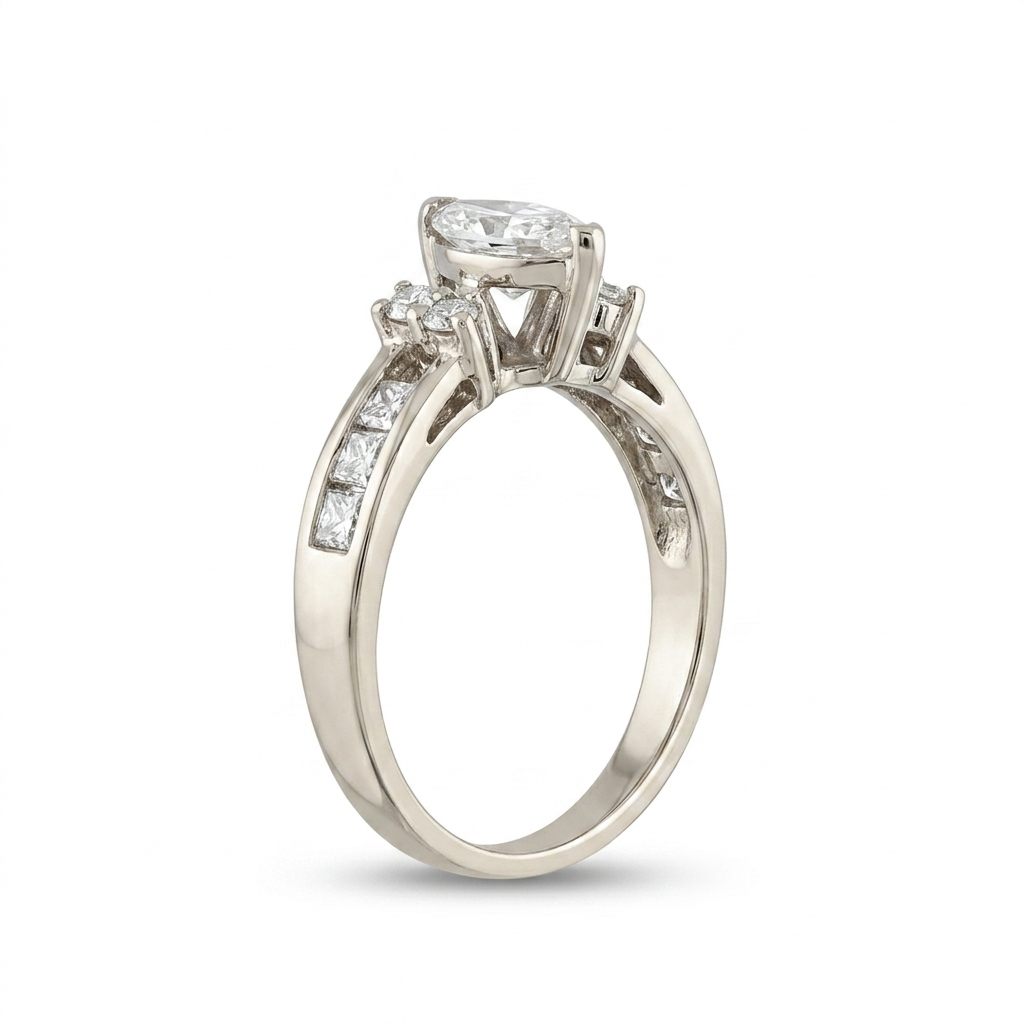 Natural Diamonds (0.89 CTW) Center Marquise (0.39 CT), Size 8, 14K White Gold