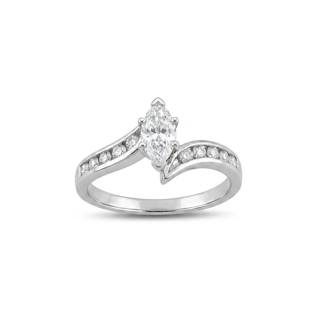 Natural Diamonds (0.89 CTW) Center Marquise (0.39 CT), Size 8, 14K White Gold