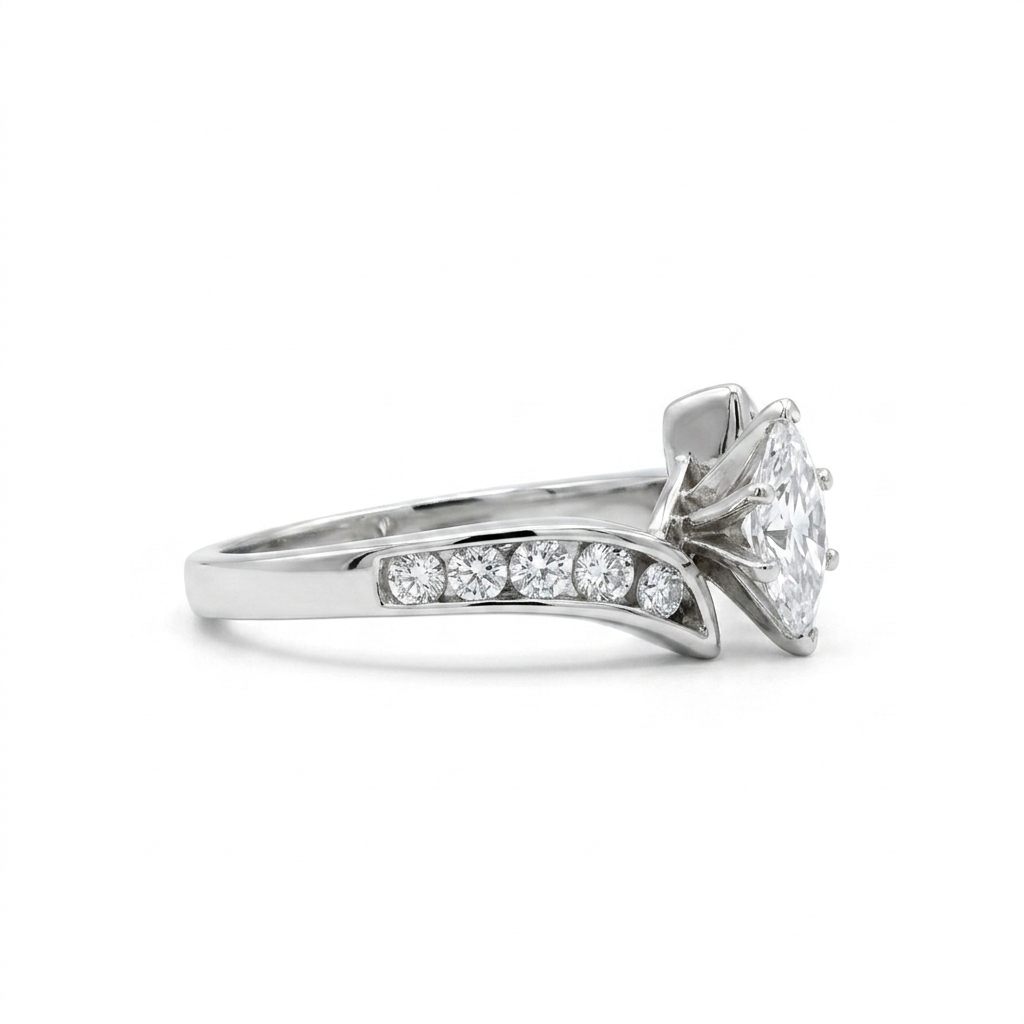 Natural Diamonds (0.89 CTW) Center Marquise (0.39 CT), Size 8, 14K White Gold