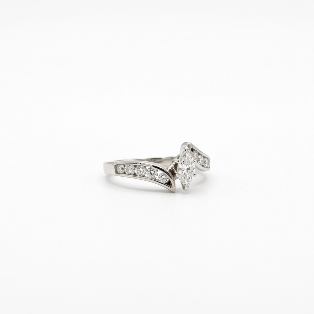 Natural Diamonds (0.89 CTW) Center Marquise (0.39 CT), Size 8, 14K White Gold