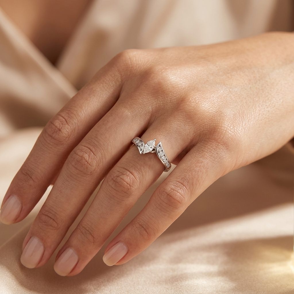 Natural Diamonds (0.89 CTW) Center Marquise (0.39 CT), Size 8, 14K White Gold