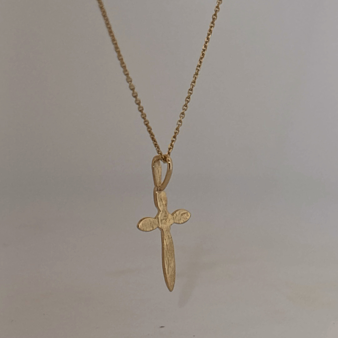 14K Yellow Gold Necklace, unisex, chain with a small cross pendant.