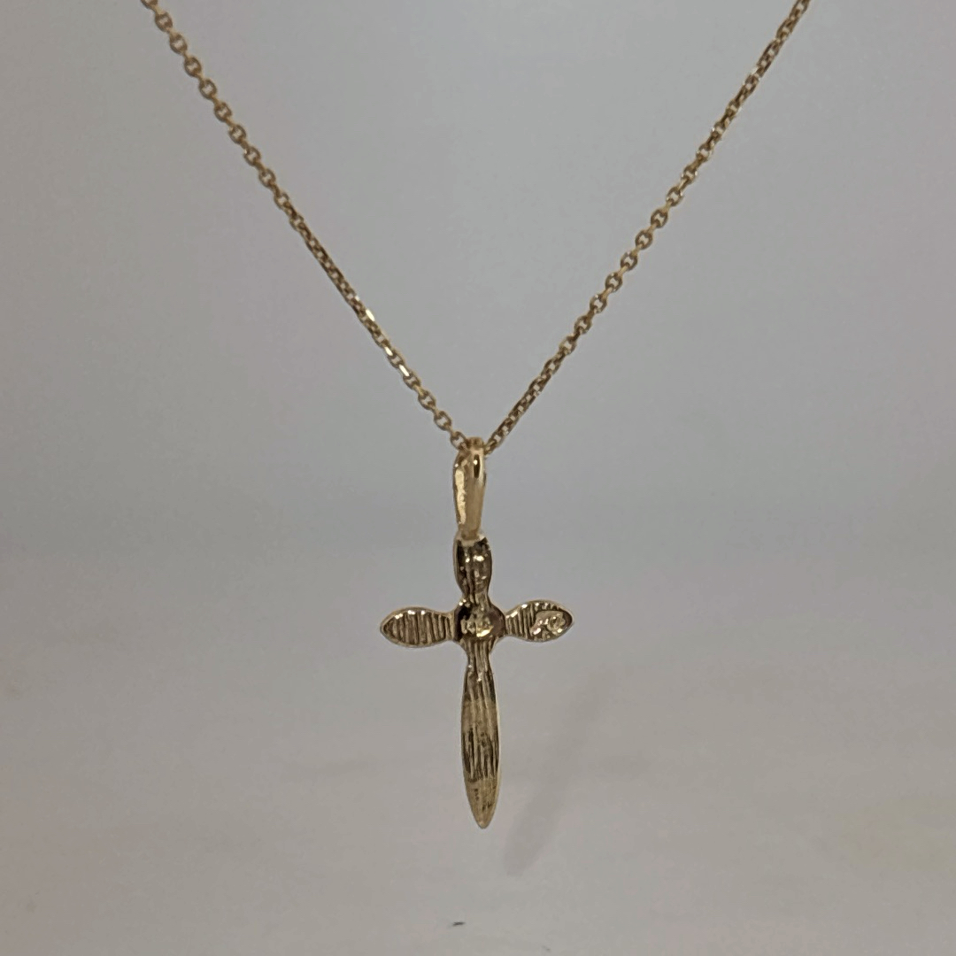 14K Yellow Gold Necklace, unisex, chain with a small cross pendant.