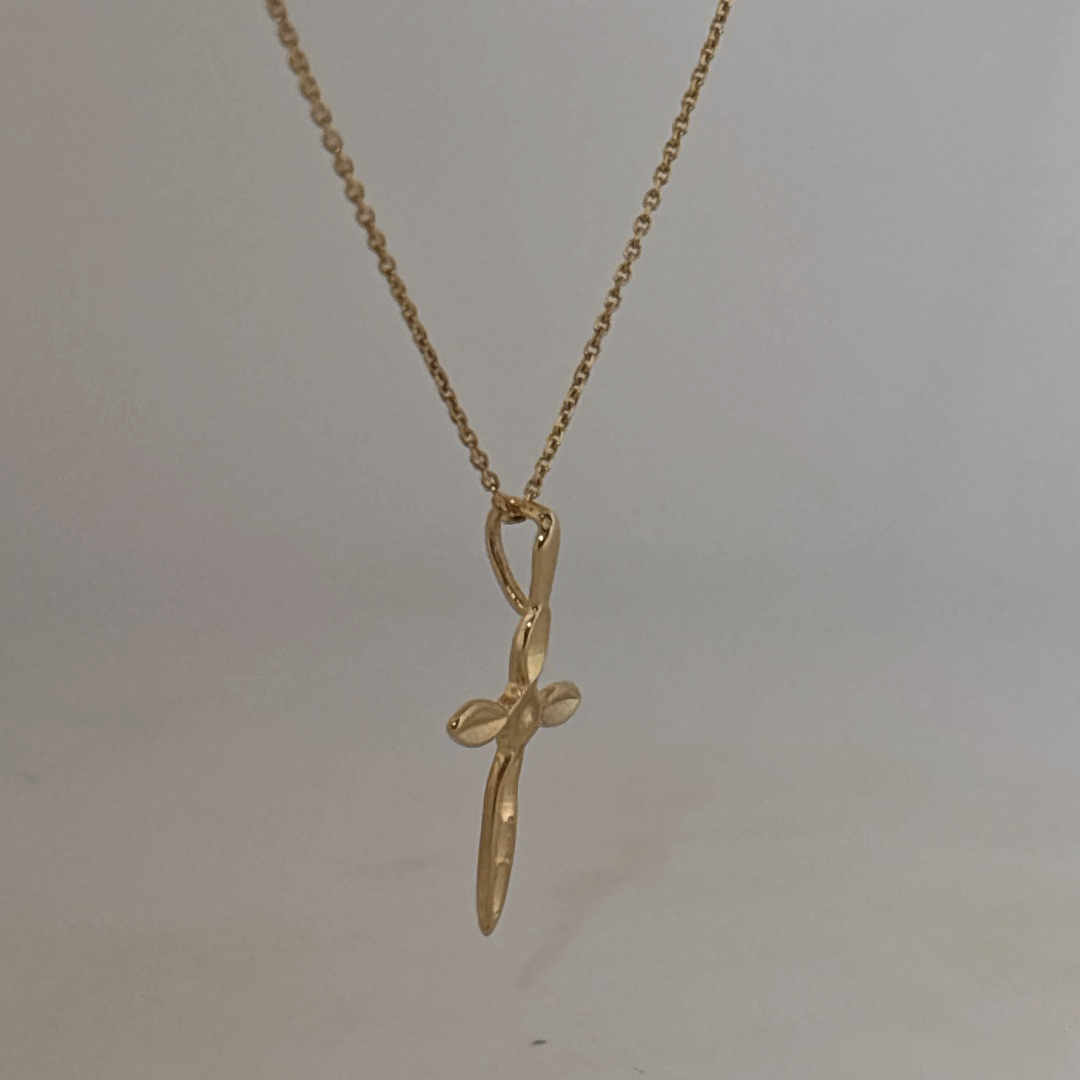 14K Yellow Gold Necklace, unisex, chain with a small cross pendant.