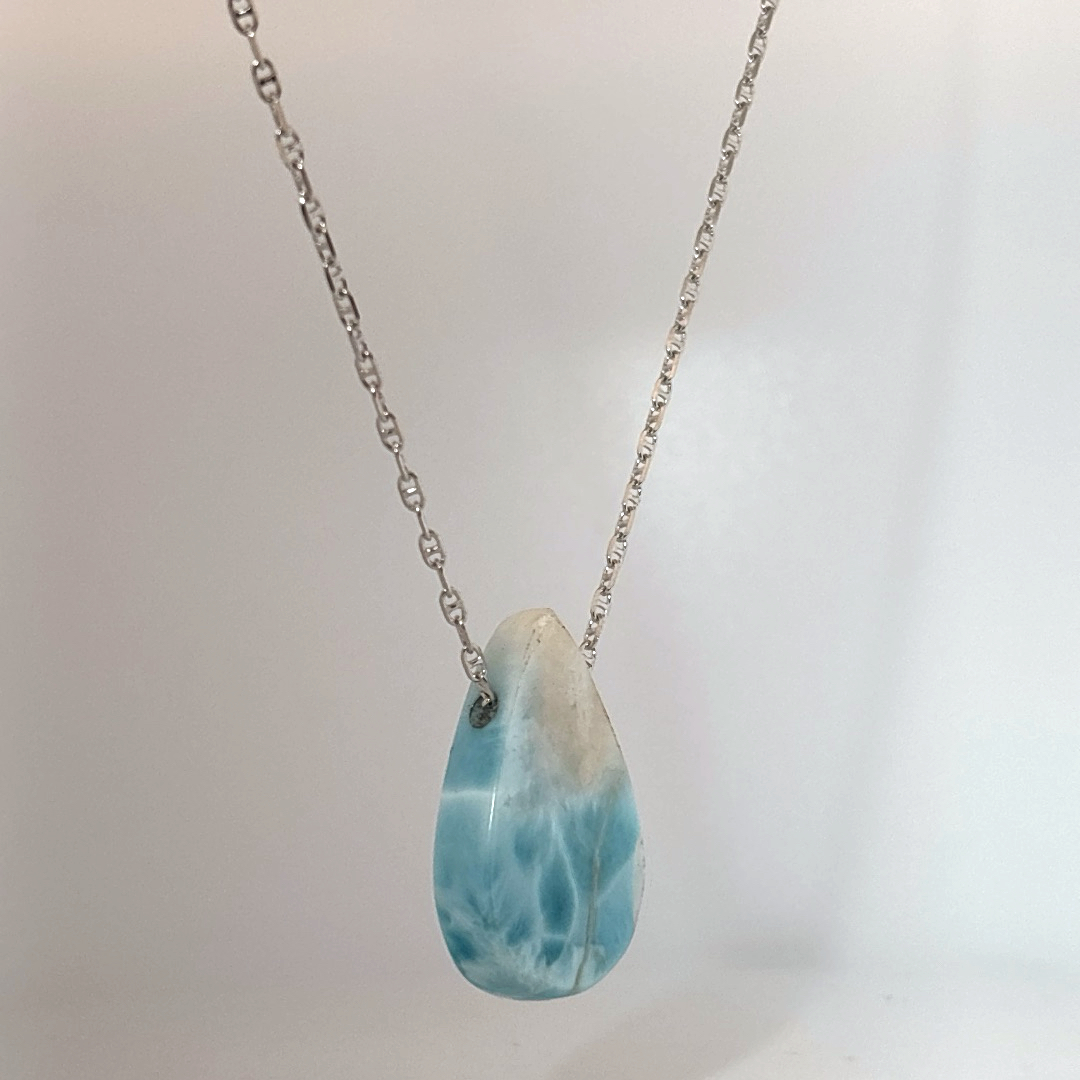 Sterling Silver 925 Necklace with 1 Pear-shaped Larimar stone, female style.
