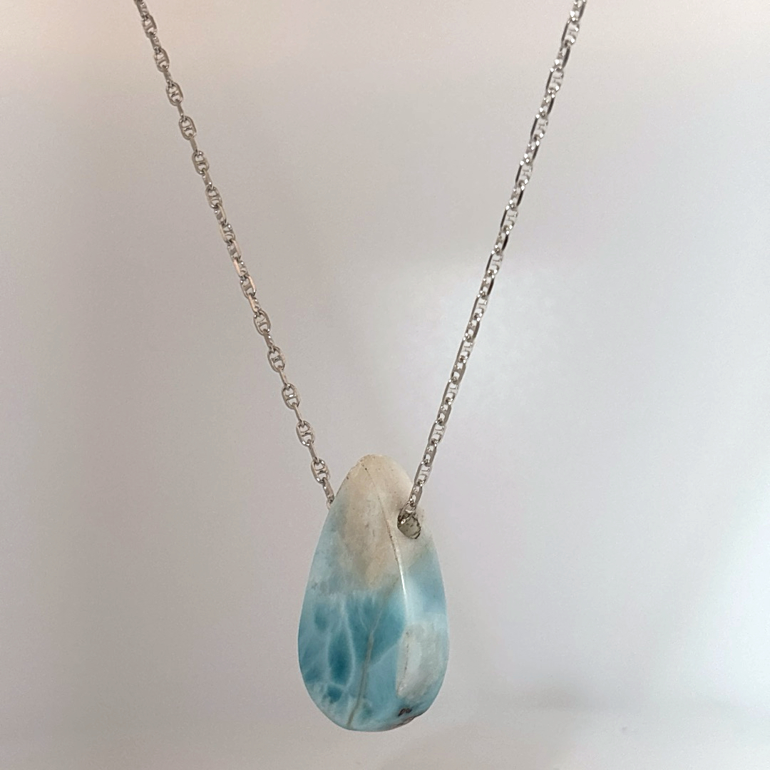 Sterling Silver 925 Necklace with 1 Pear-shaped Larimar stone, female style.