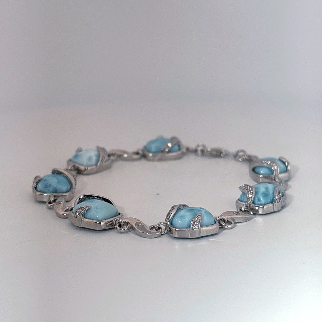 Sterling Silver 925 Bracelet with 6 Larimar Cabochon Stones, Female Design.
