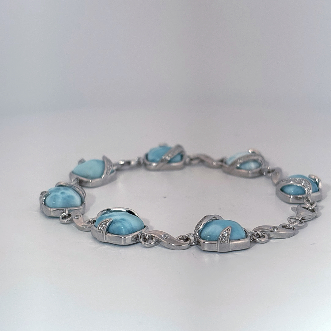 Sterling Silver 925 Bracelet with 6 Larimar Cabochon Stones, Female Design.