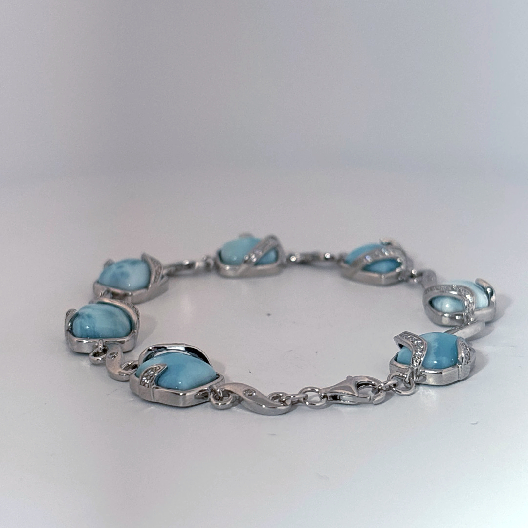 Sterling Silver 925 Bracelet with 6 Larimar Cabochon Stones, Female Design.
