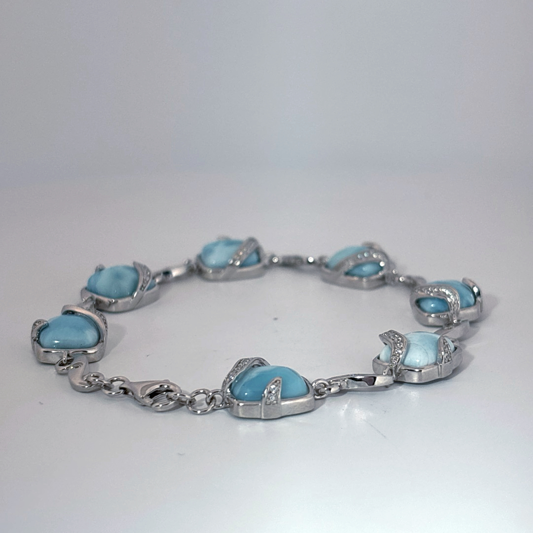 Sterling Silver 925 Bracelet with 6 Larimar Cabochon Stones, Female Design.