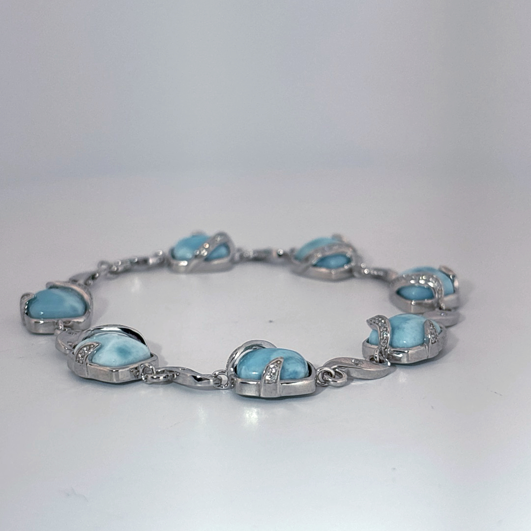Sterling Silver 925 Bracelet with 6 Larimar Cabochon Stones, Female Design.