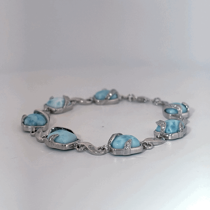 Sterling Silver 925 Bracelet with 6 Larimar Cabochon Stones, Female Design.
