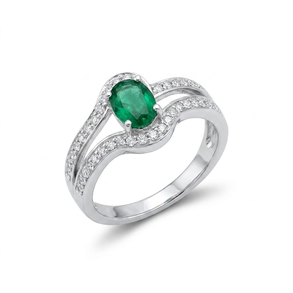 Natural Emerald and 0.20ct Natural Diamonds Women Ring, 10K White Gold