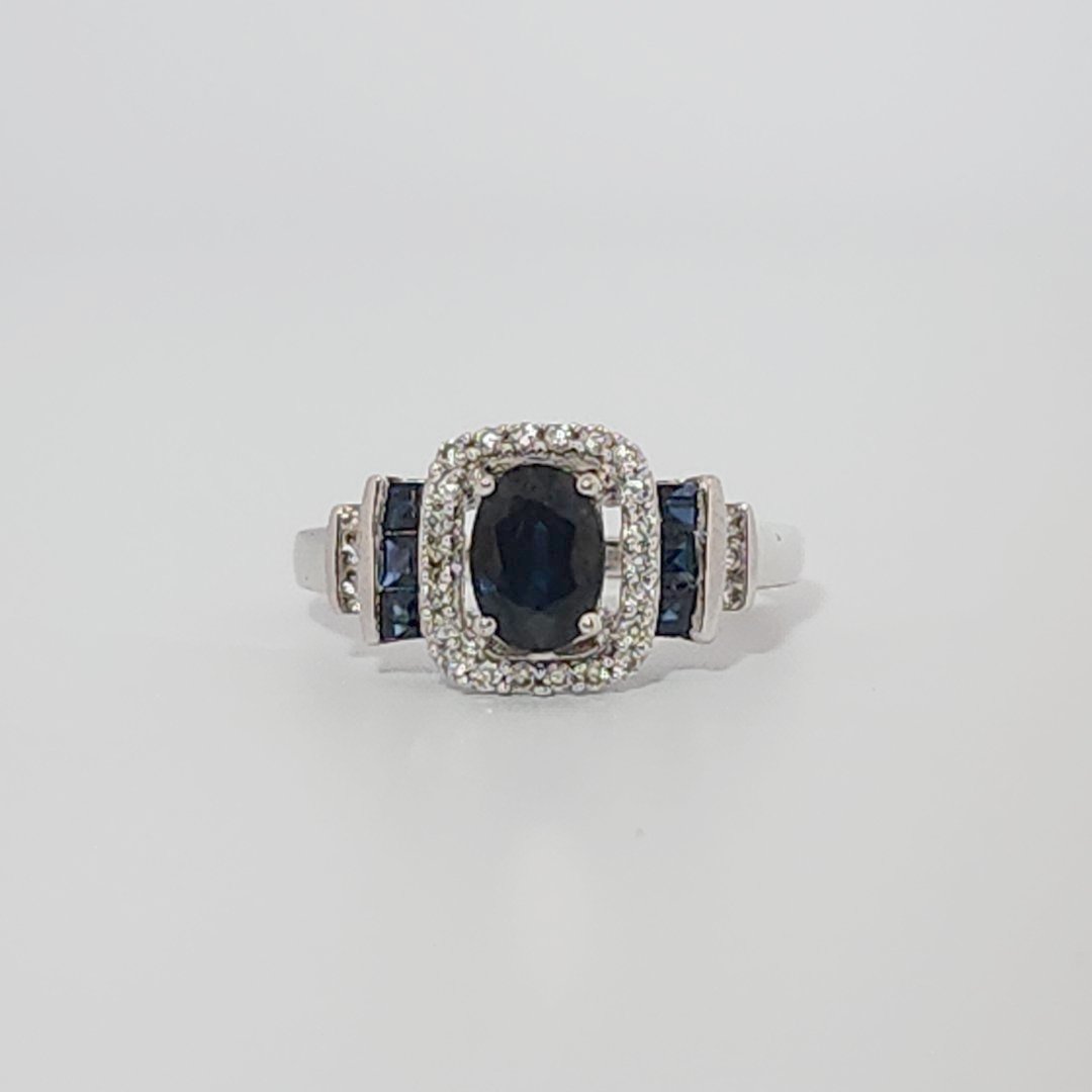 Natural Sapphire and 0.35ct Natural Diamonds Women Ring, 14K White Gold