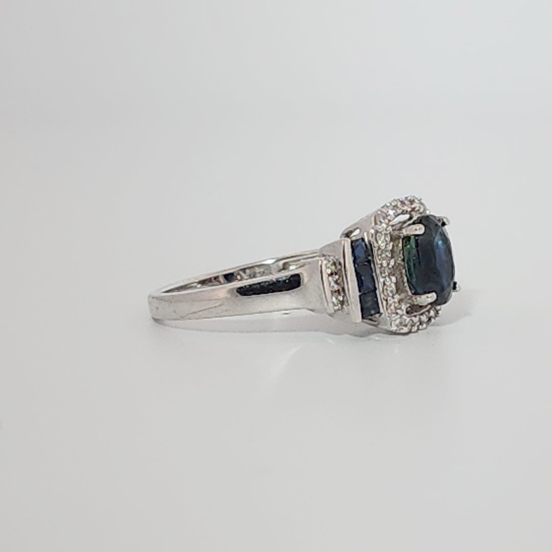 Natural Sapphire and 0.35ct Natural Diamonds Women Ring, 14K White Gold
